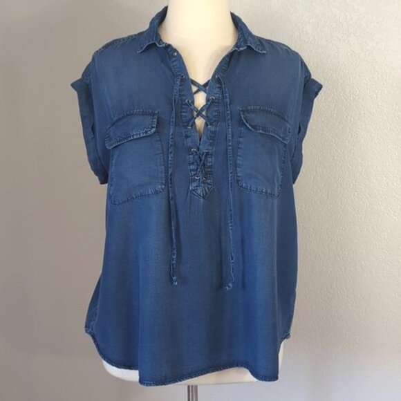 Jessica Simpson 1X Isabelle Shirt Dark Blue Lace Up Pockets Short Sleeves - Picture 2 of 8